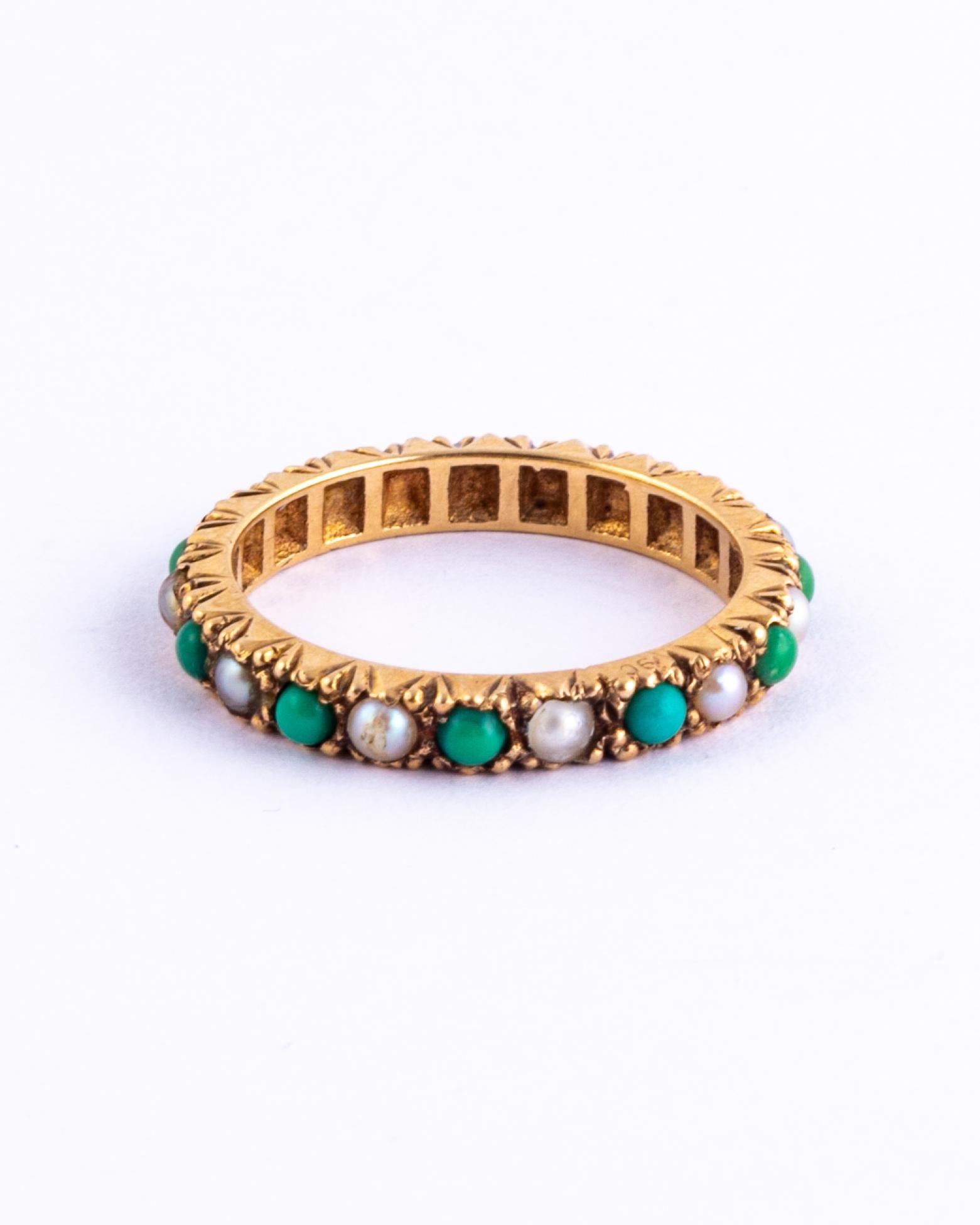 Cabochon Edwardian Pearl and Turquoise 9 Carat Gold Eternity Band