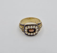 Edwardian Pearl Coral Blue Enamel Ring Yellow Gold
