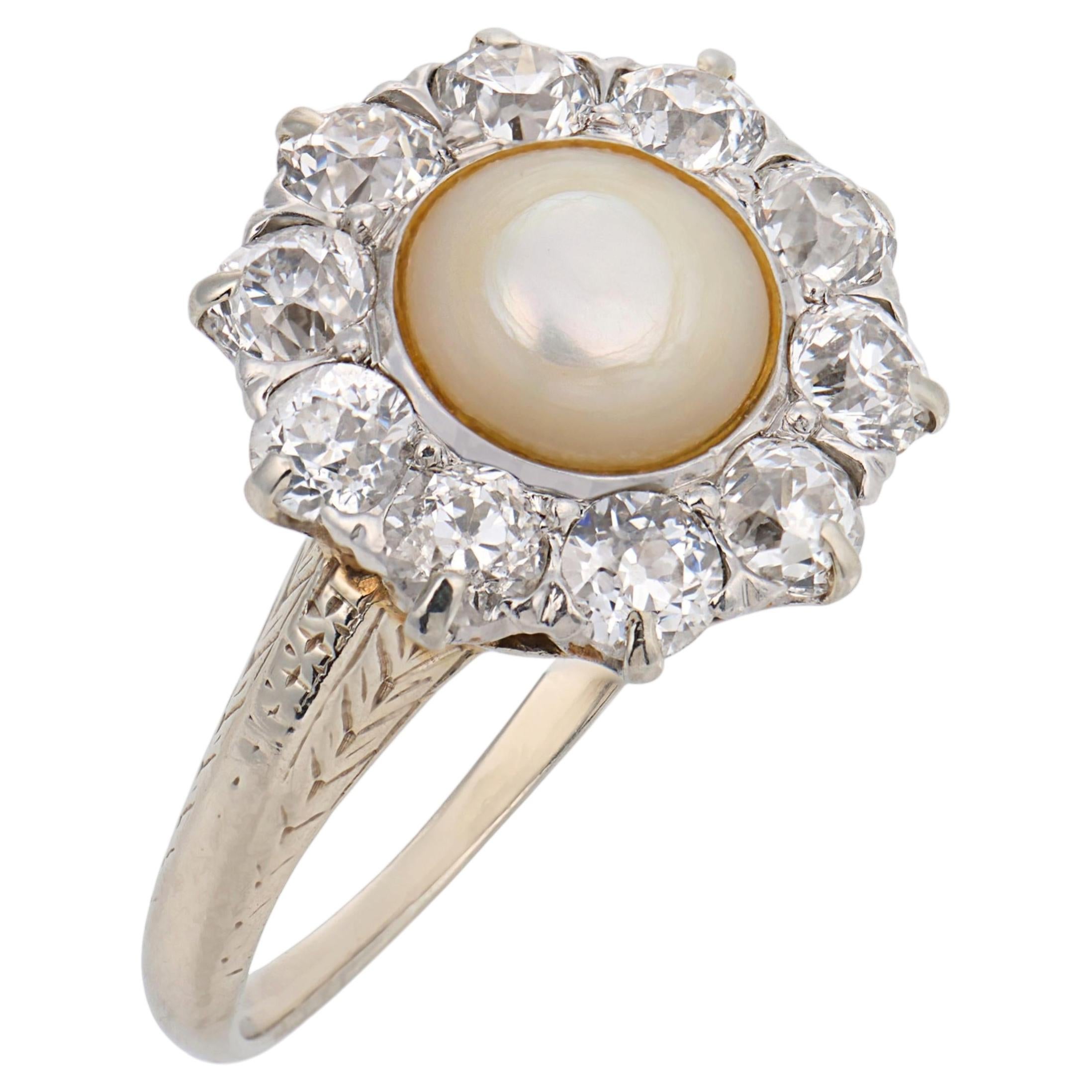 Edwardianischer Perlen-Diamant-Cluster-Ring aus 18k Weißgold