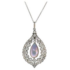 Edwardian Pearl Diamond 18k White Gold Pendant Necklace