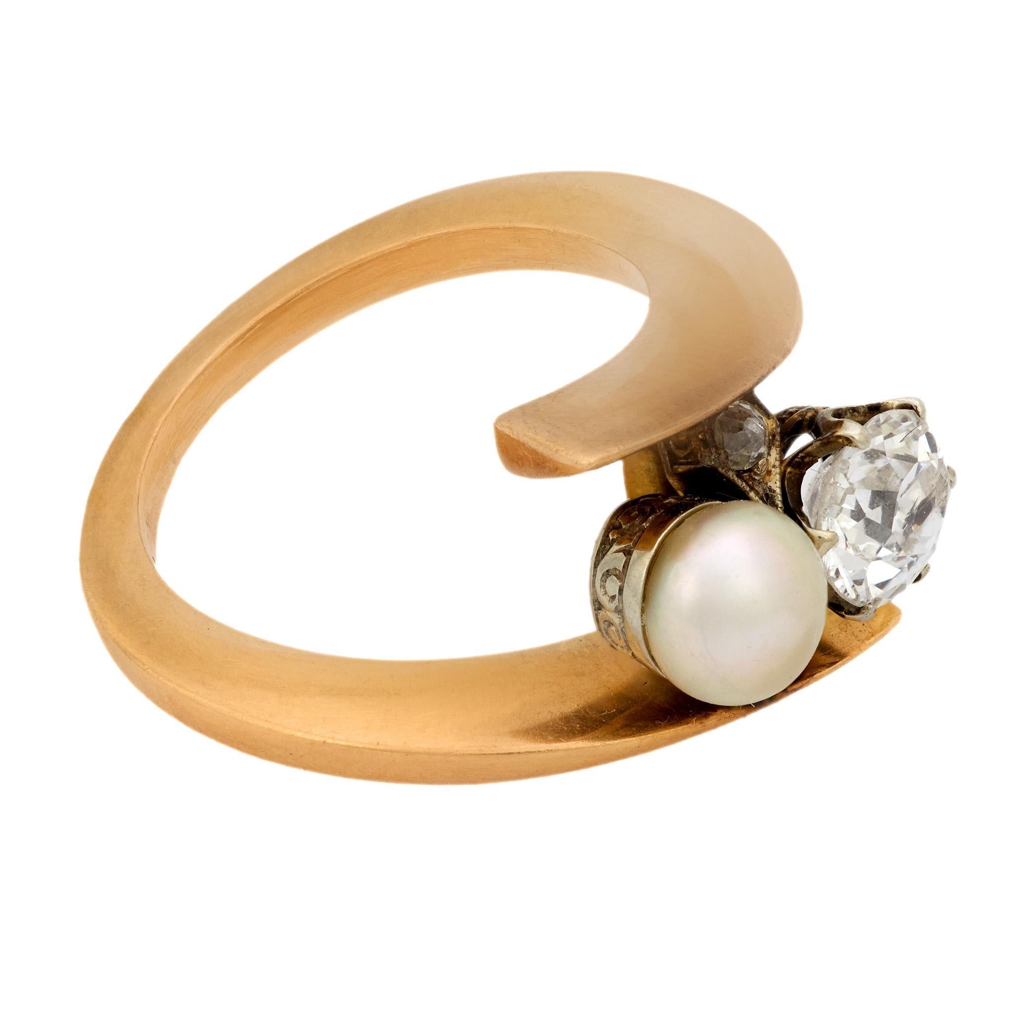 Old Mine Cut Edwardian pearl diamond 18k yellow and white gold Toi Et Moi ring For Sale