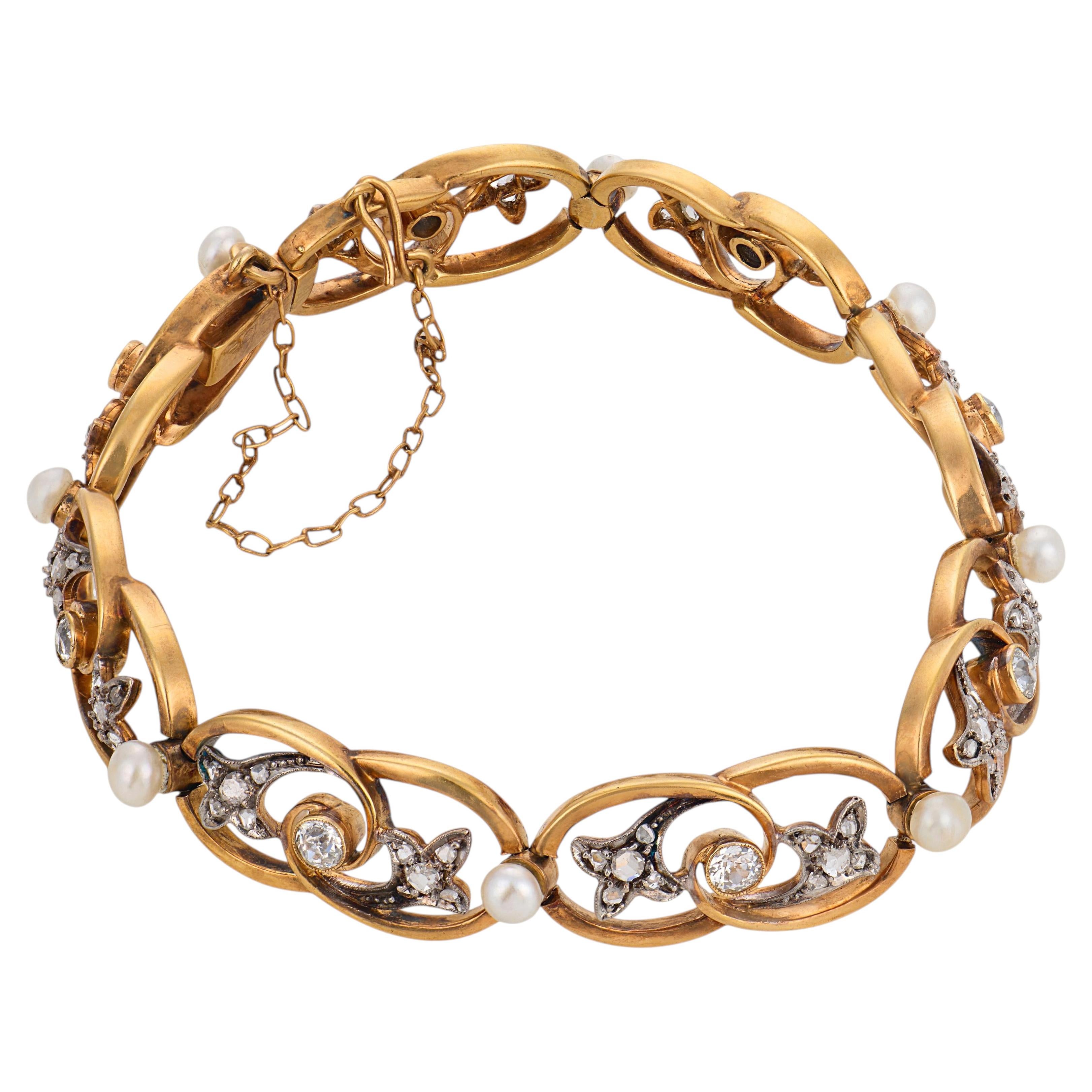 Edwardian pearl diamond 18k yellow gold and platinum bracelet