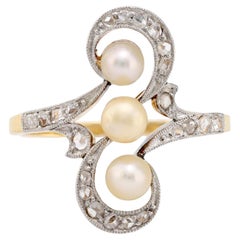 Edwardian pearl diamond 18k yellow gold and platinum navette ring