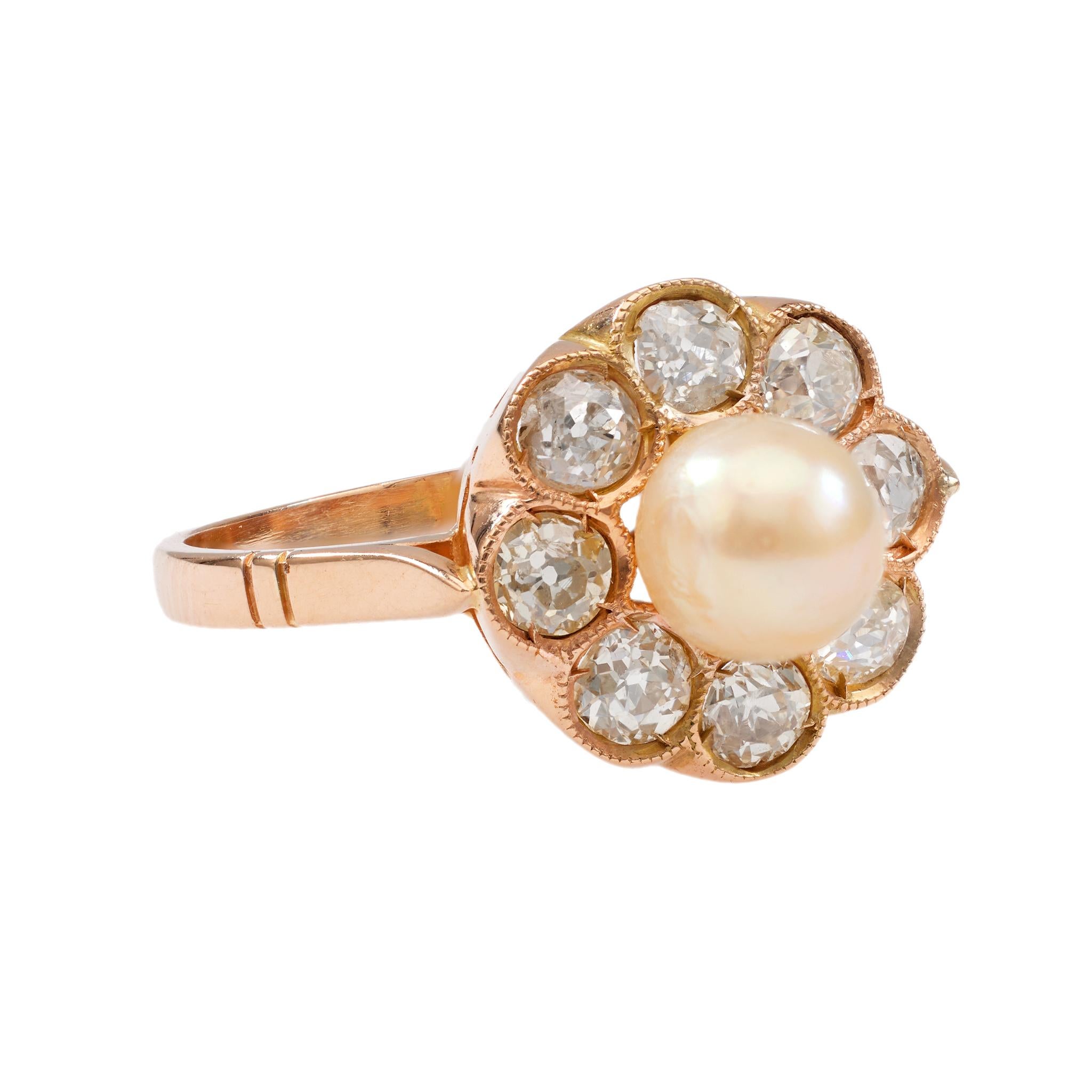 Women's or Men's Edwardian Pearl Diamond 18k Yellow Gold Cluster Ring For Sale