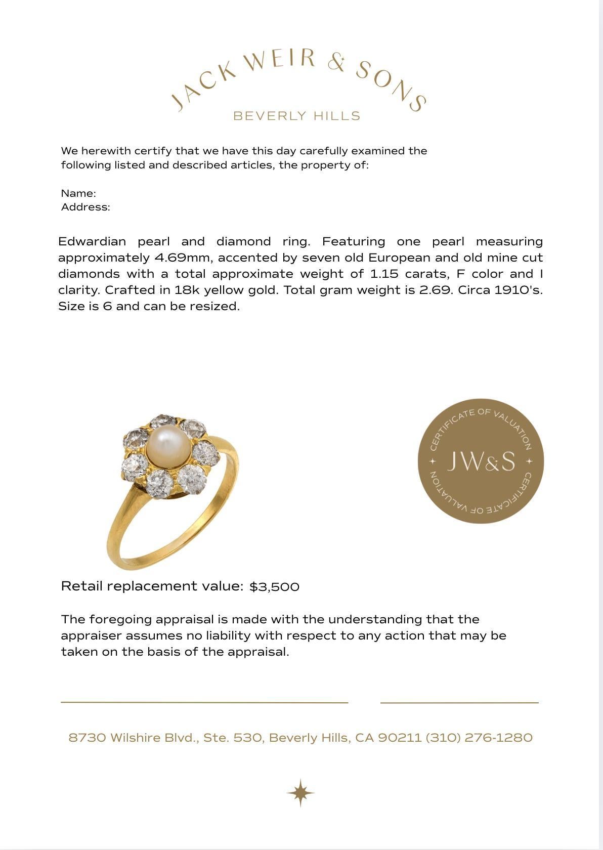 Bague de style édouardien en or jaune 18k avec perles et diamants Bon état - En vente à Beverly Hills, CA