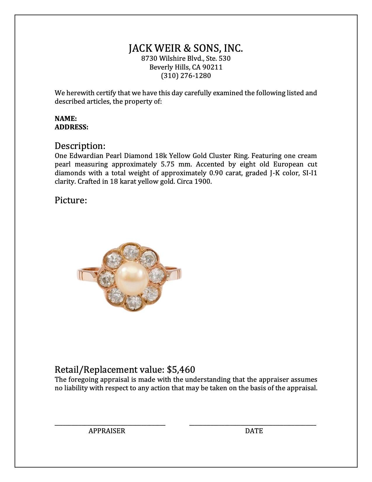 18 Karat Gelbgold Edwardianischer Perlen-Diamant-Cluster-Ring im Angebot 1