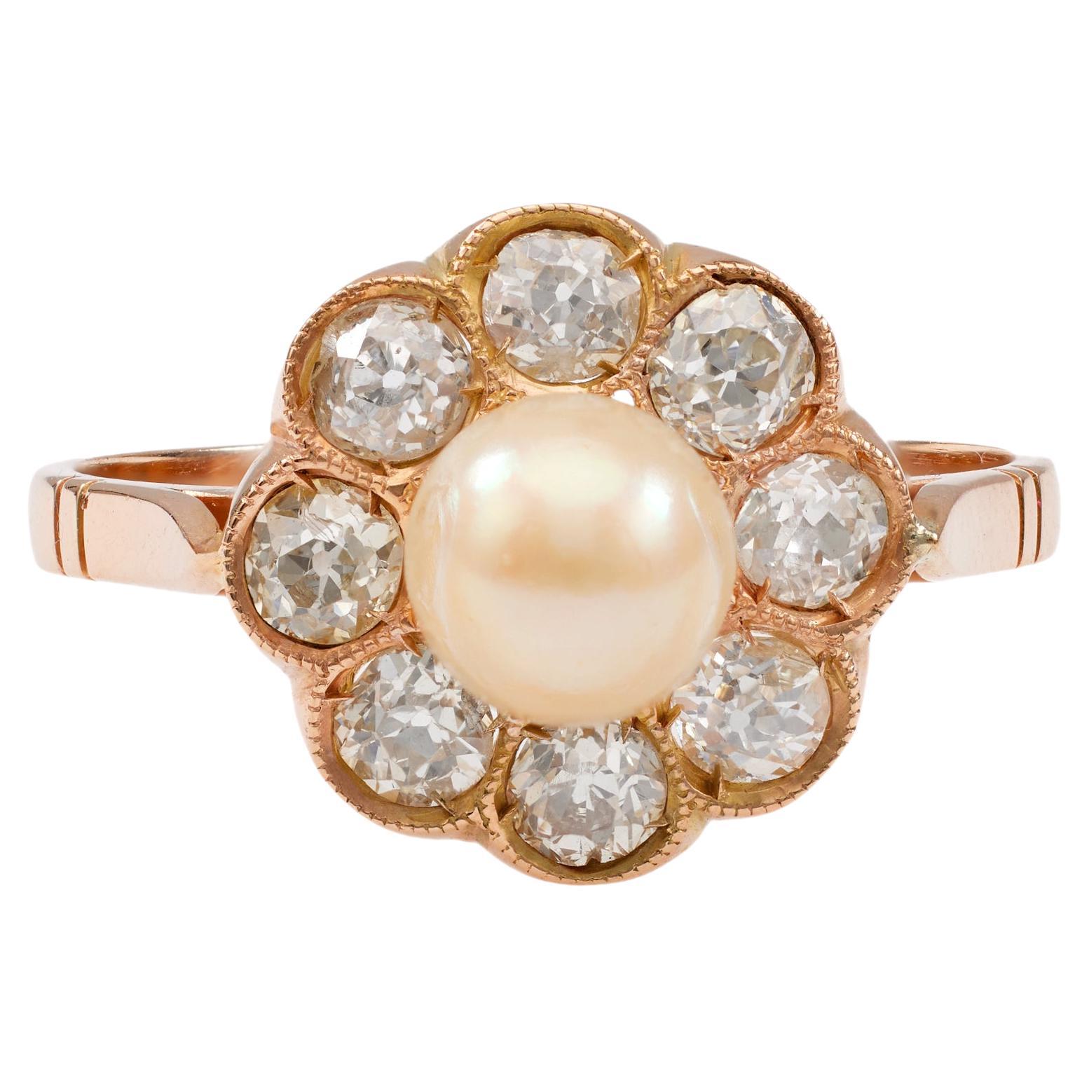 Edwardian Pearl Diamond 18k Yellow Gold Cluster Ring For Sale