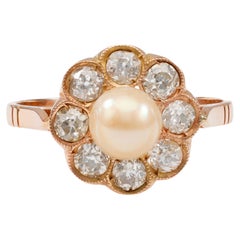 18 Karat Gelbgold Edwardianischer Perlen-Diamant-Cluster-Ring