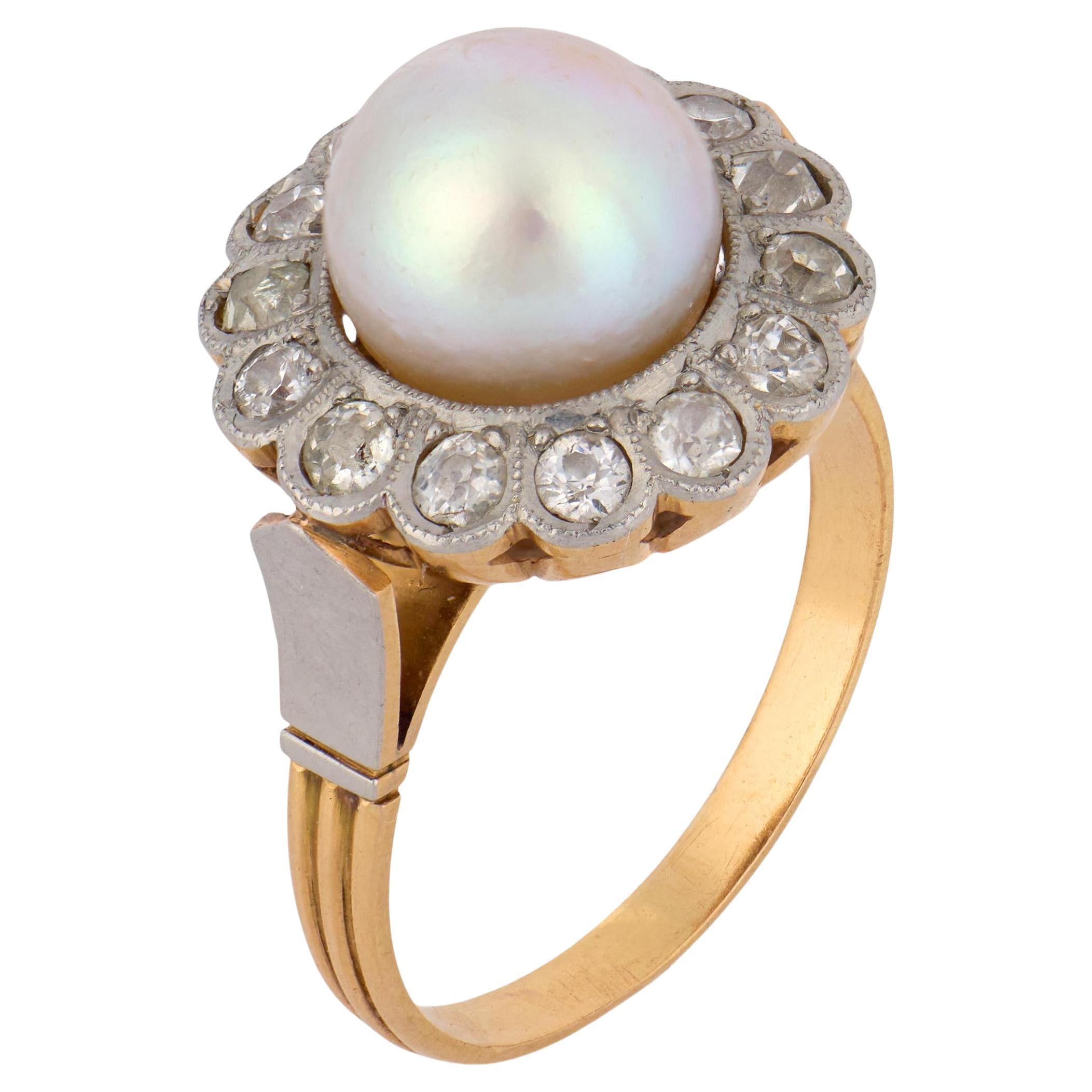 Edwardian pearl diamond 18k yellow gold cluster ring