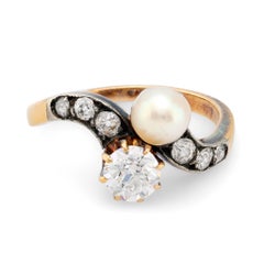 Antique Edwardian pearl diamond 18k yellow gold silver Toi Et Moi ring