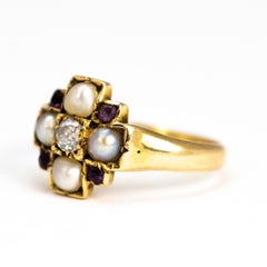Edwardian Pearl, Diamond and Amethyst 15 Carat Gold Panel Ring