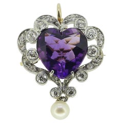 Pendentif en forme de cœur en perle, diamant et améthyste de style édouardien