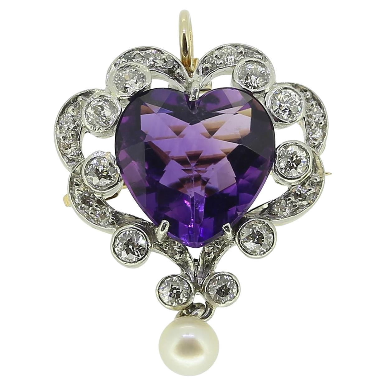Colgante eduardiano de perla, diamante y amatista en forma de corazón