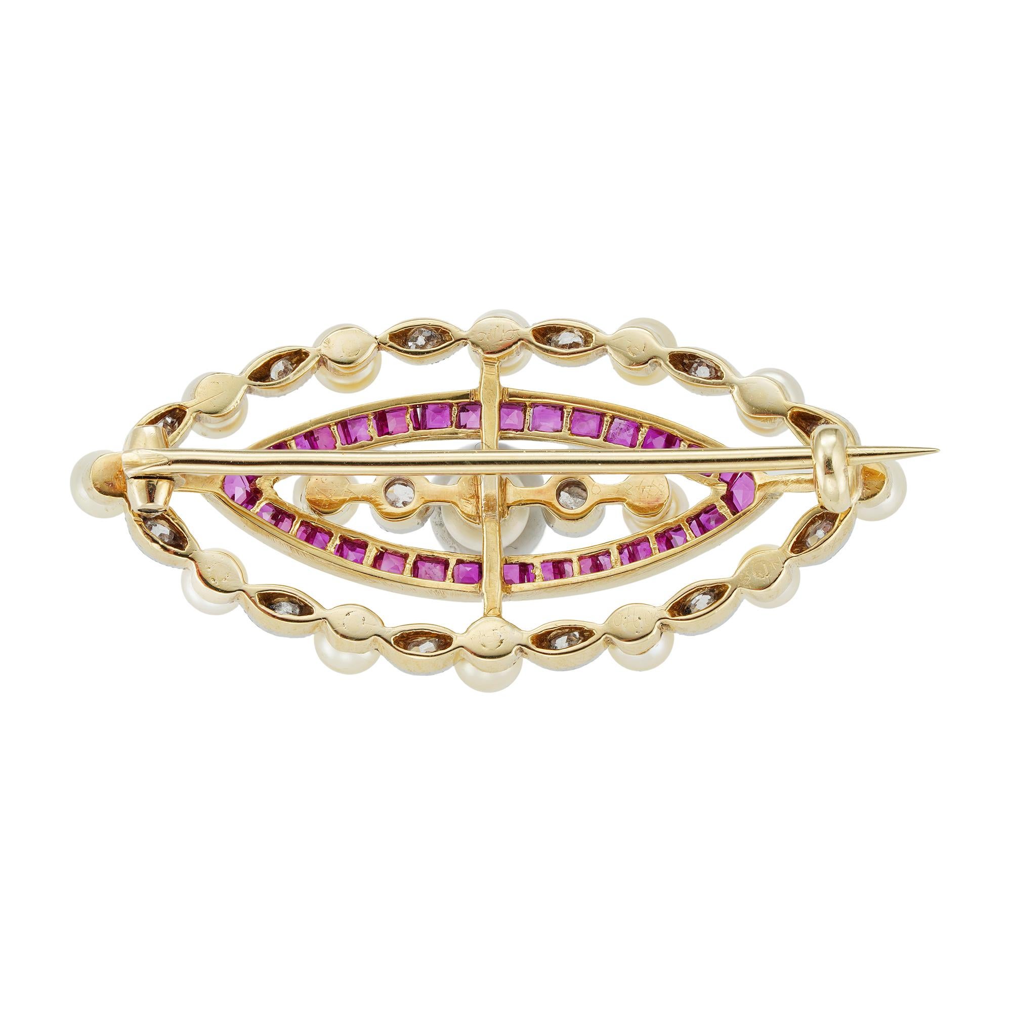 Old European Cut Edwardian Pearl Diamond and Ruby Brooch For Sale