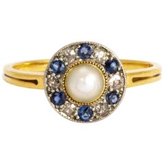 Edwardian Pearl, Diamond and Sapphire 18 Carat Gold Ring Edwardian Pearl, Diamond and Sapphire 18 Carat Gold Ring