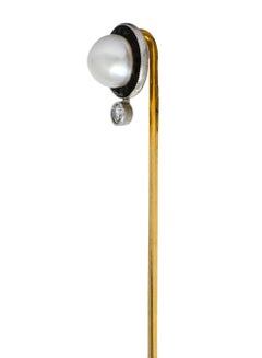 Edwardian Pearl Diamond Carved Onyx Platinum Gold Stickpin