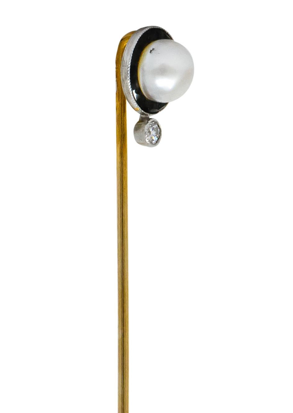 Edwardian Pearl Diamond Carved Onyx Platinum Gold Stickpin In Excellent Condition In Philadelphia, PA