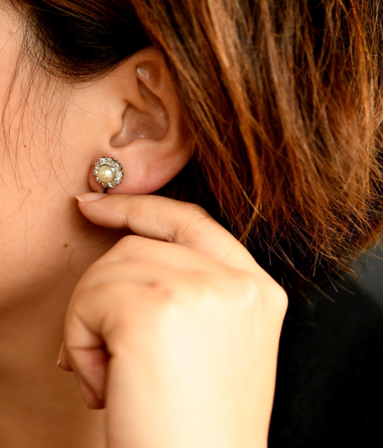 Edwardian Pearl Diamond Cluster Earrings 1