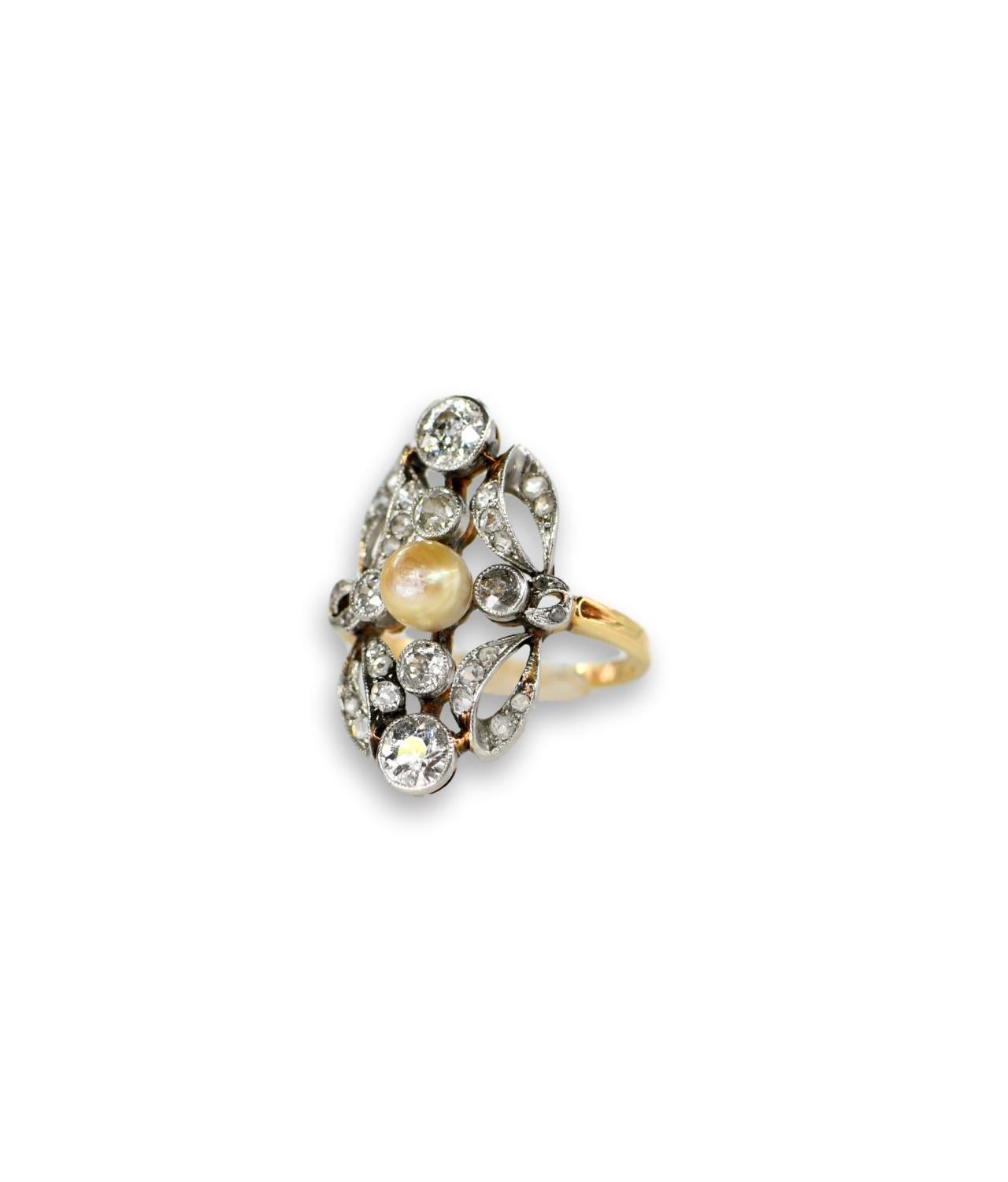 Old European Cut Edwardian Pearl Diamond Gold Ring, circa 1910