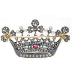 Edwardian Pearl Diamond Multi Gem Set Crown Brooch