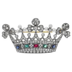 Edwardian Pearl Diamond Multi Gem Set Crown Brooch