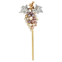 Edwardian Pearl Diamond Platinum 14 Karat Yellow Gold Antique Grape Stickpin