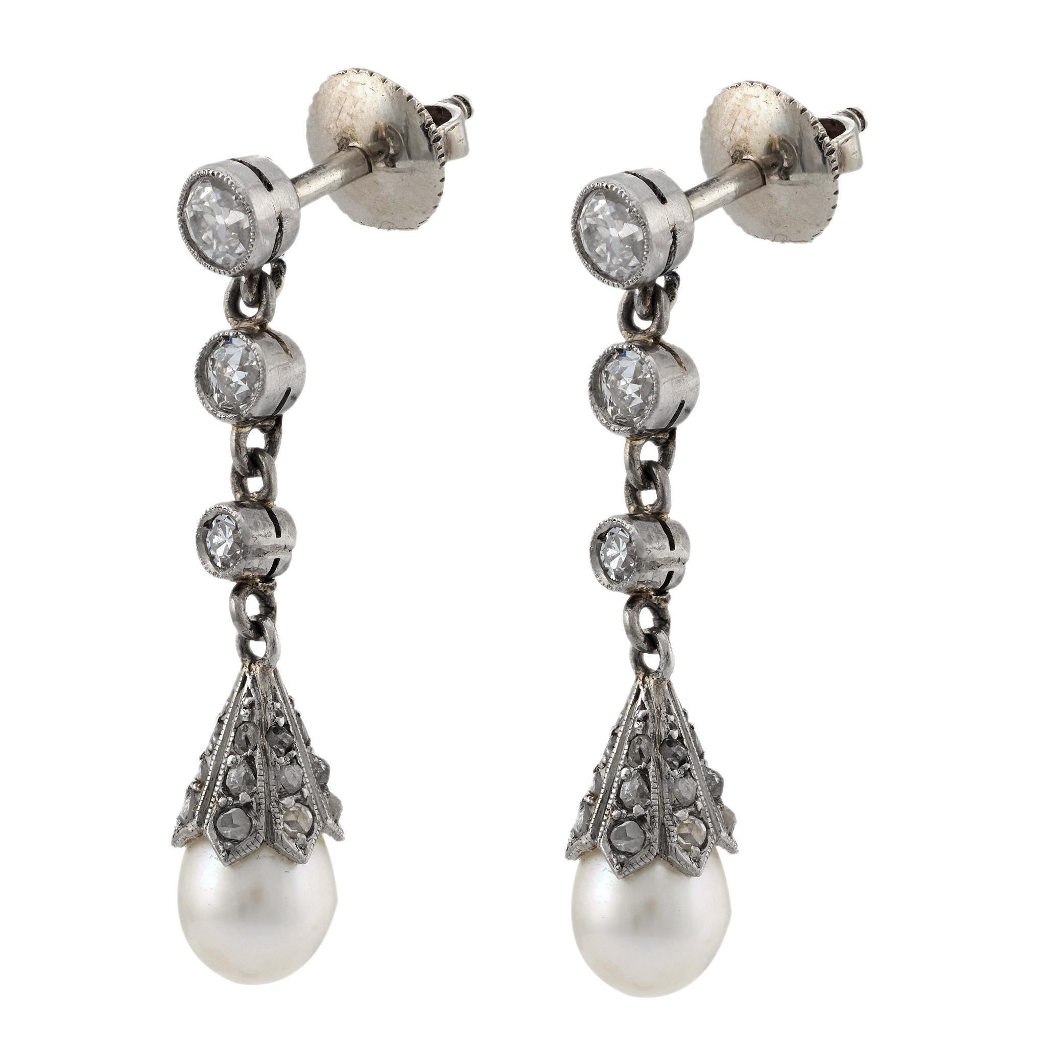 Edwardianische Perlen-Diamant-Platin-Tropfen-Ohrringe (Rundschliff) im Angebot