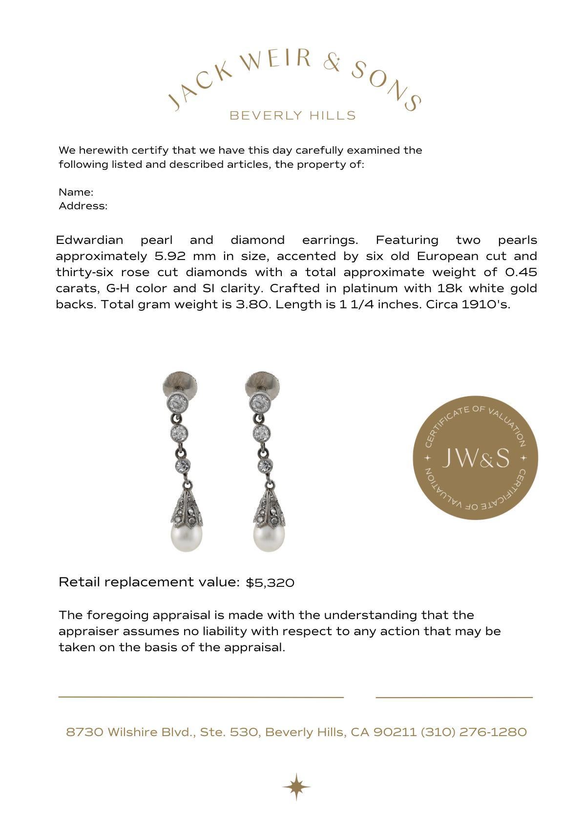 Edwardianische Perlen-Diamant-Platin-Tropfen-Ohrringe im Zustand „Gut“ im Angebot in Beverly Hills, CA