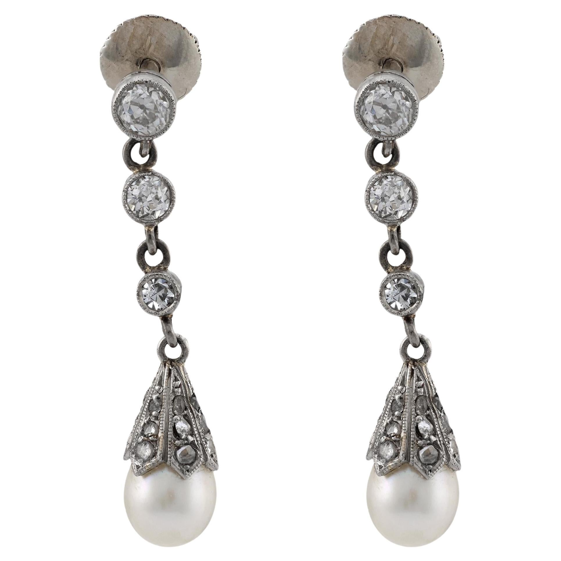 Pendientes gota eduardiana perla diamante platino