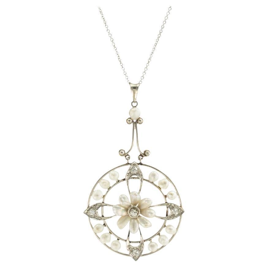 Edwardian Pearl Diamond Platinum Pendant Necklace