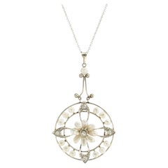 Antique Edwardian Pearl Diamond Platinum Pendant Necklace
