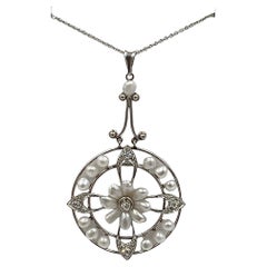 Antique Edwardian Pearl Diamond Platinum Pendant Necklace 