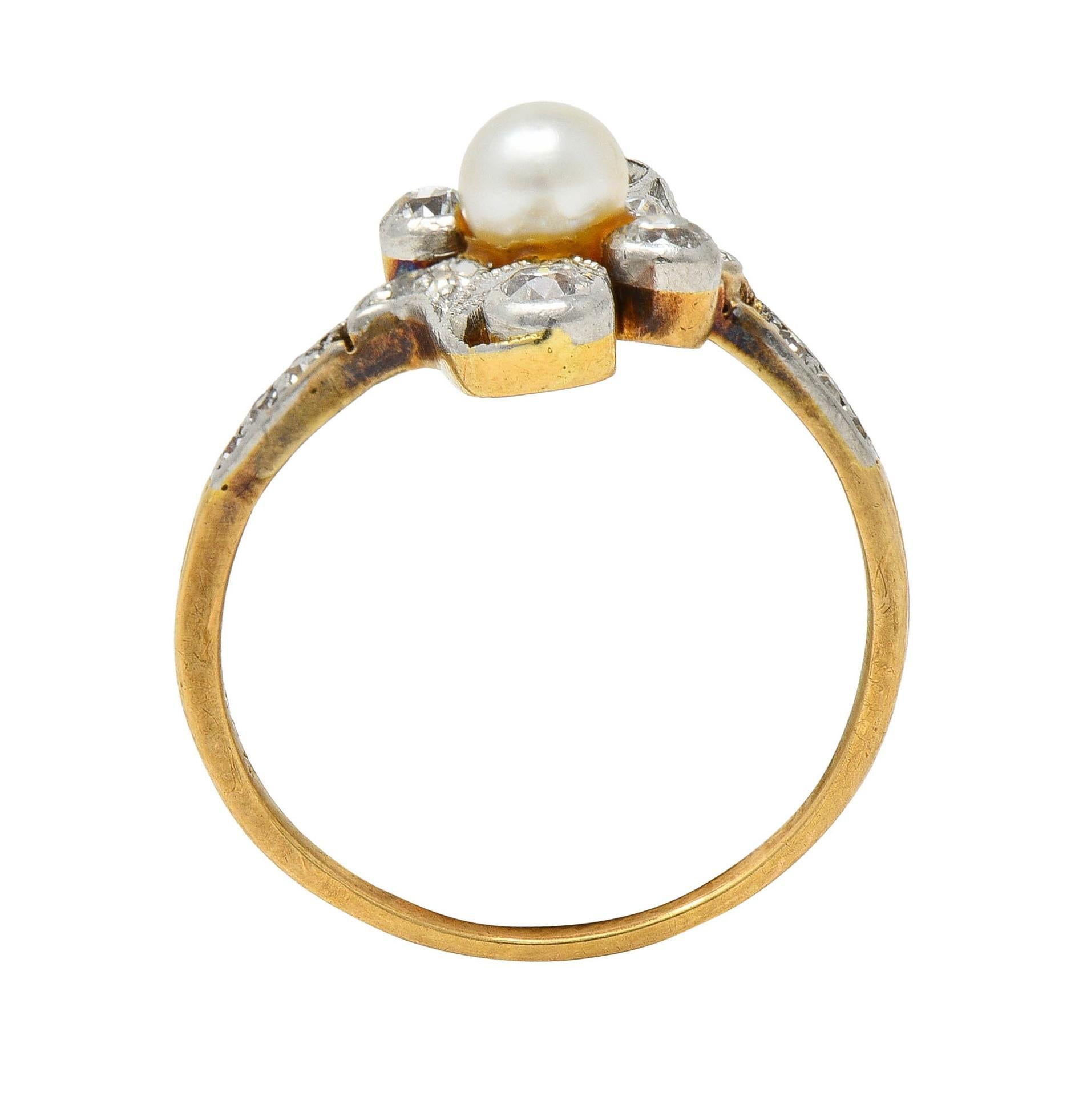 Edwardian Pearl Diamond Platinum-Topped 18 Karat Gold Antique Navette Ring 5