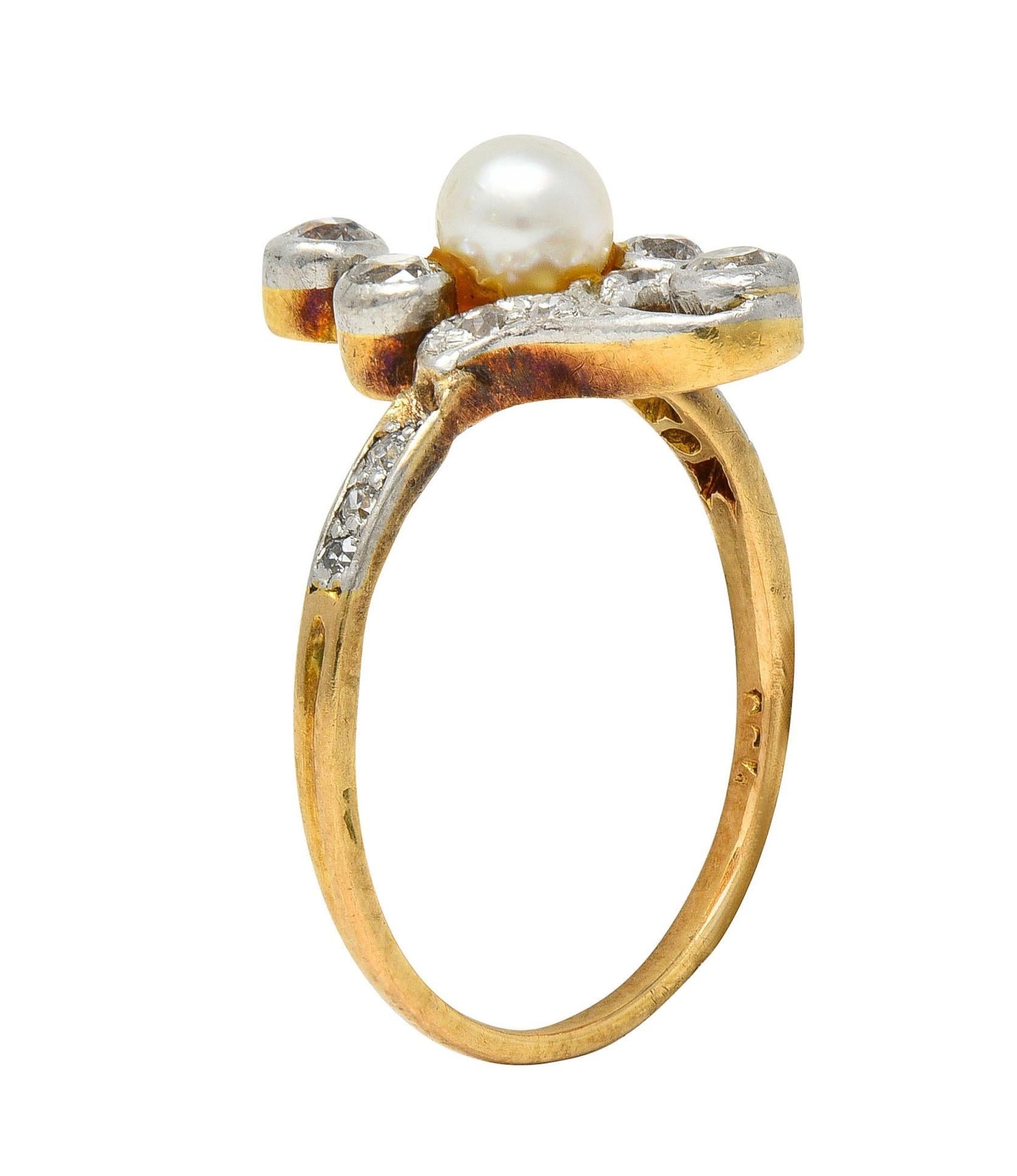 Edwardian Pearl Diamond Platinum-Topped 18 Karat Gold Antique Navette Ring 5