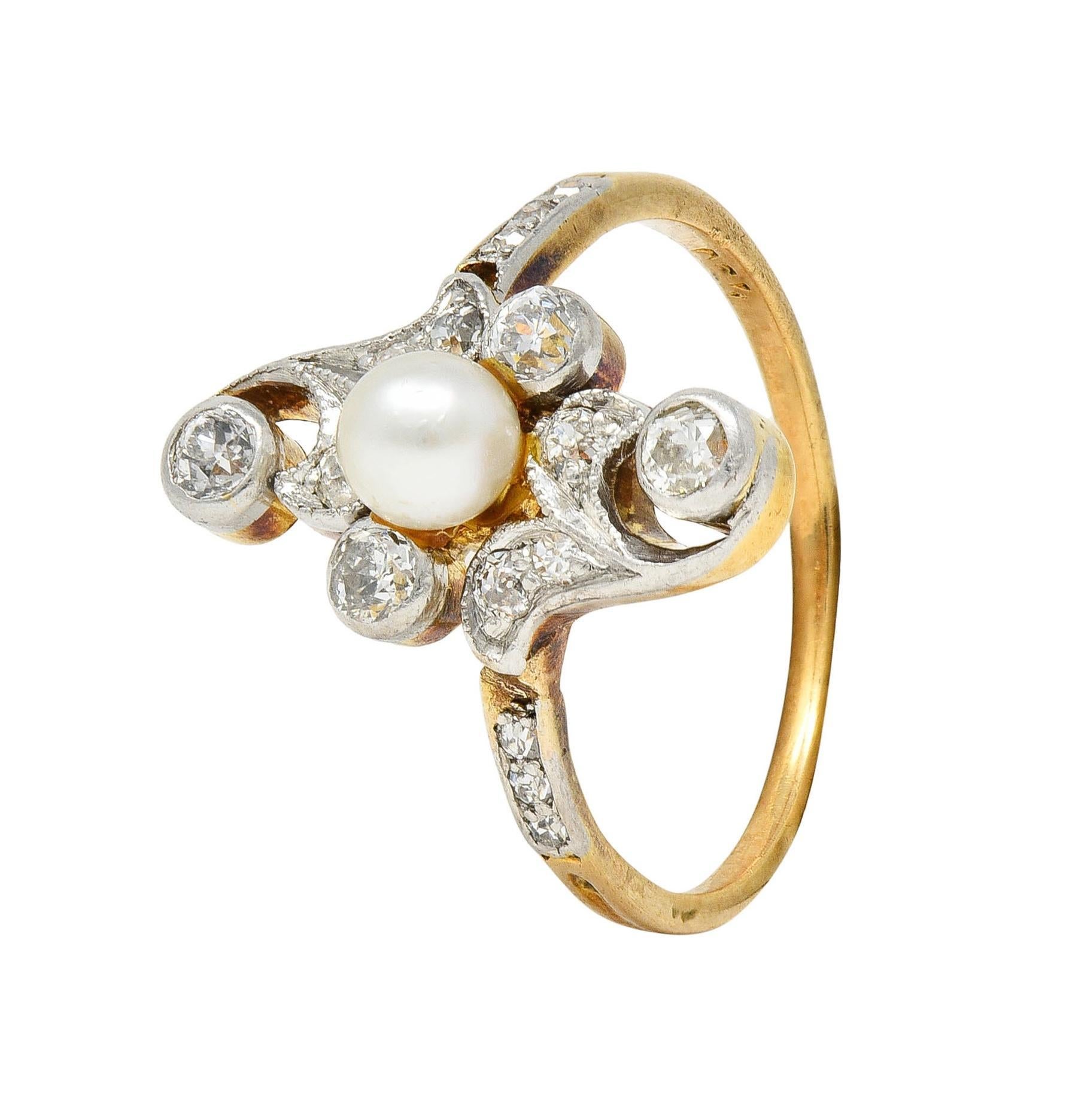 Edwardian Pearl Diamond Platinum-Topped 18 Karat Gold Antique Navette Ring 6