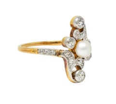 Edwardian Pearl Diamond Platinum-Topped 18 Karat Gold Antique Navette Ring