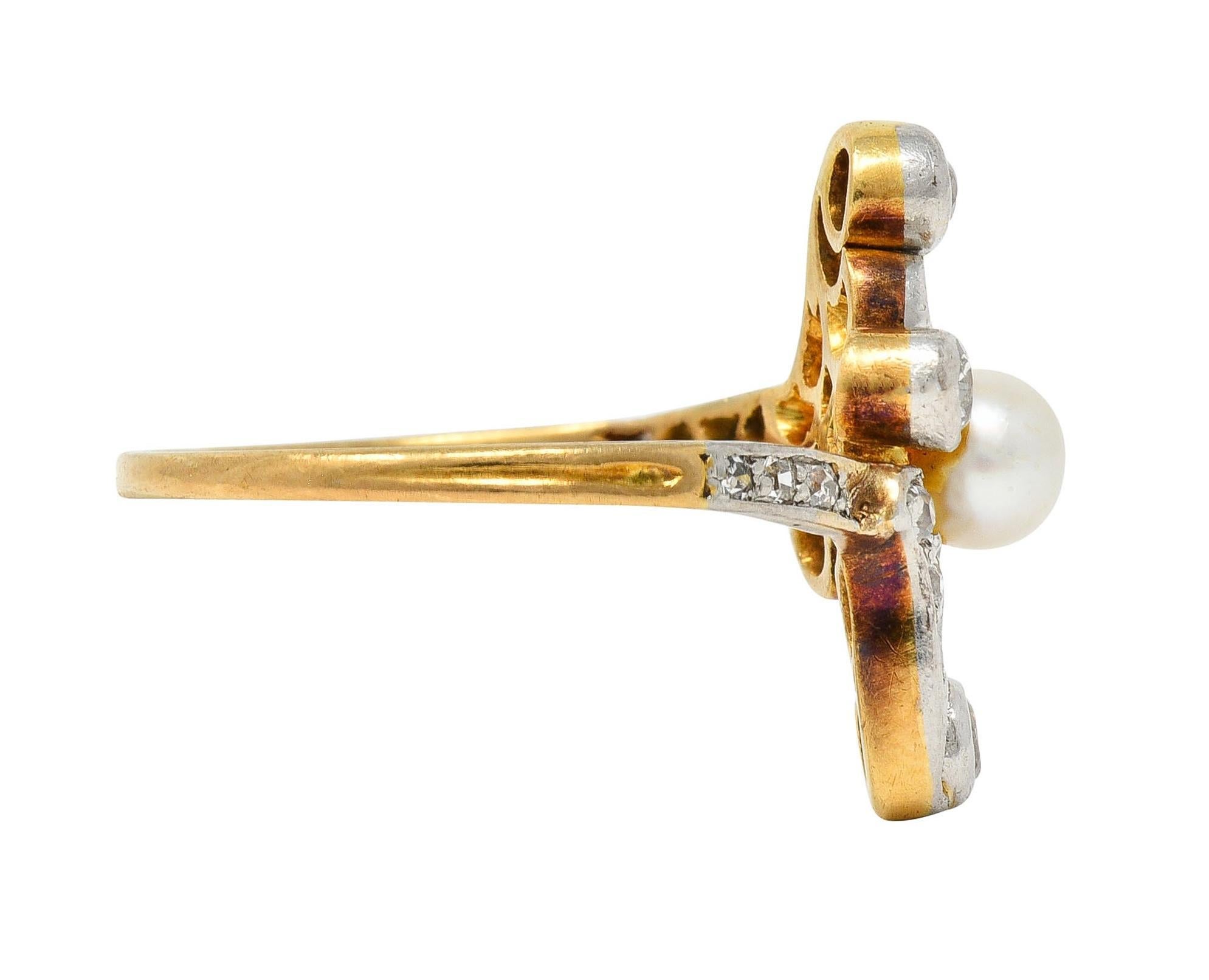 Round Cut Edwardian Pearl Diamond Platinum-Topped 18 Karat Gold Antique Navette Ring