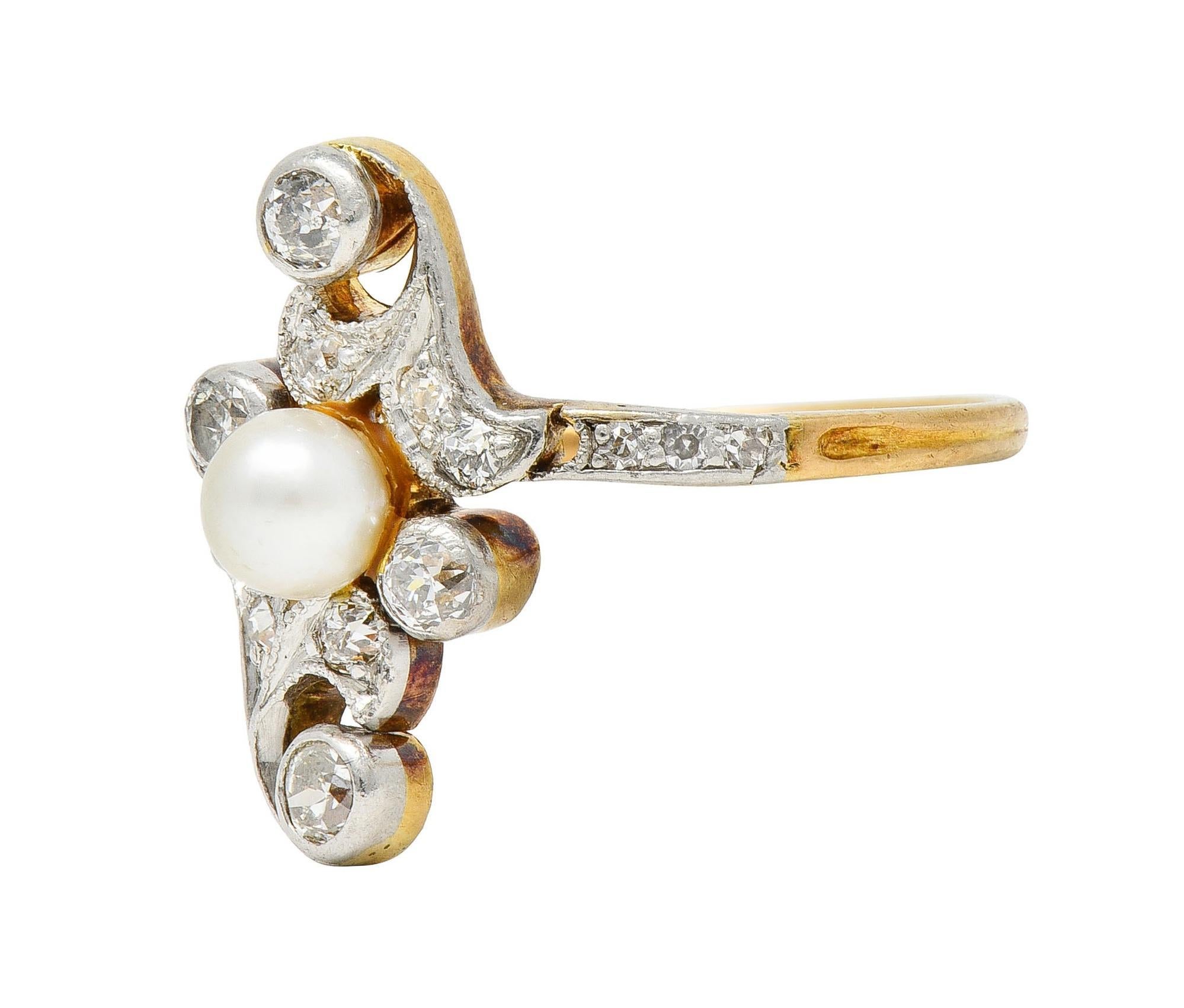 Edwardian Pearl Diamond Platinum-Topped 18 Karat Gold Antique Navette Ring 1