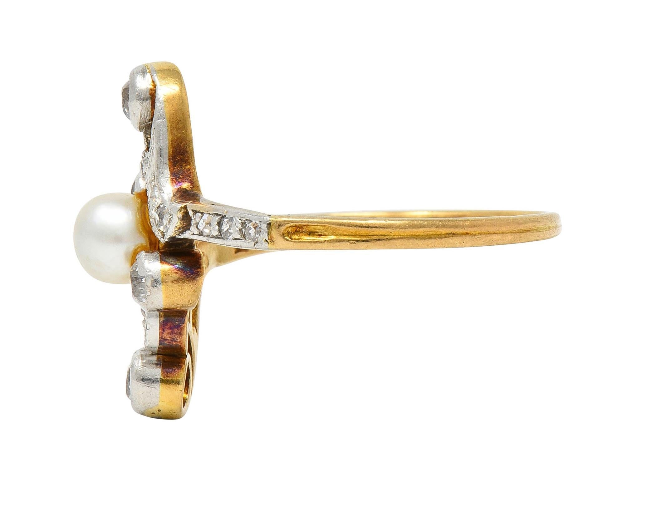 Edwardian Pearl Diamond Platinum-Topped 18 Karat Gold Antique Navette Ring 1