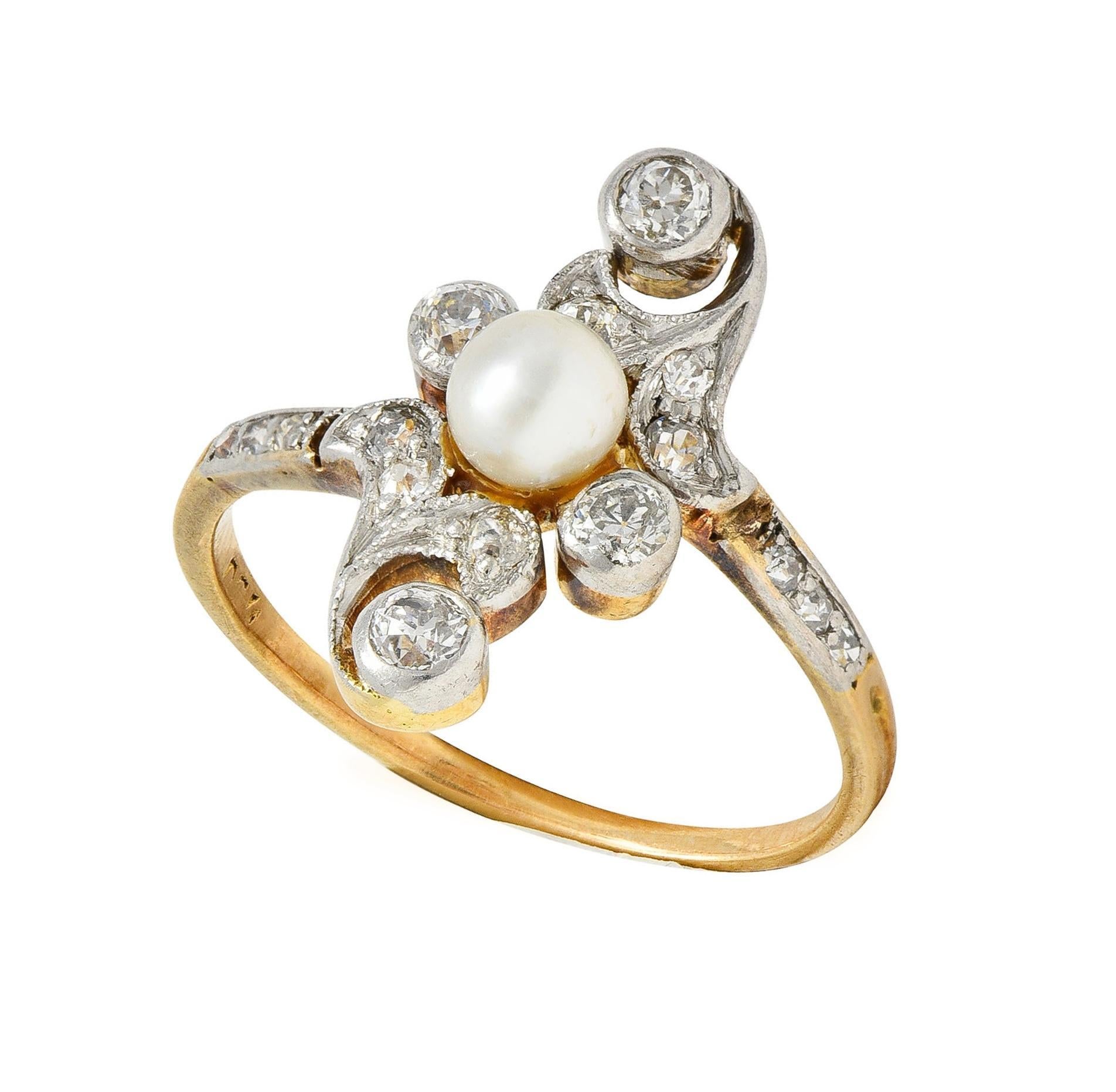 Edwardian Pearl Diamond Platinum-Topped 18 Karat Gold Antique Navette Ring 3