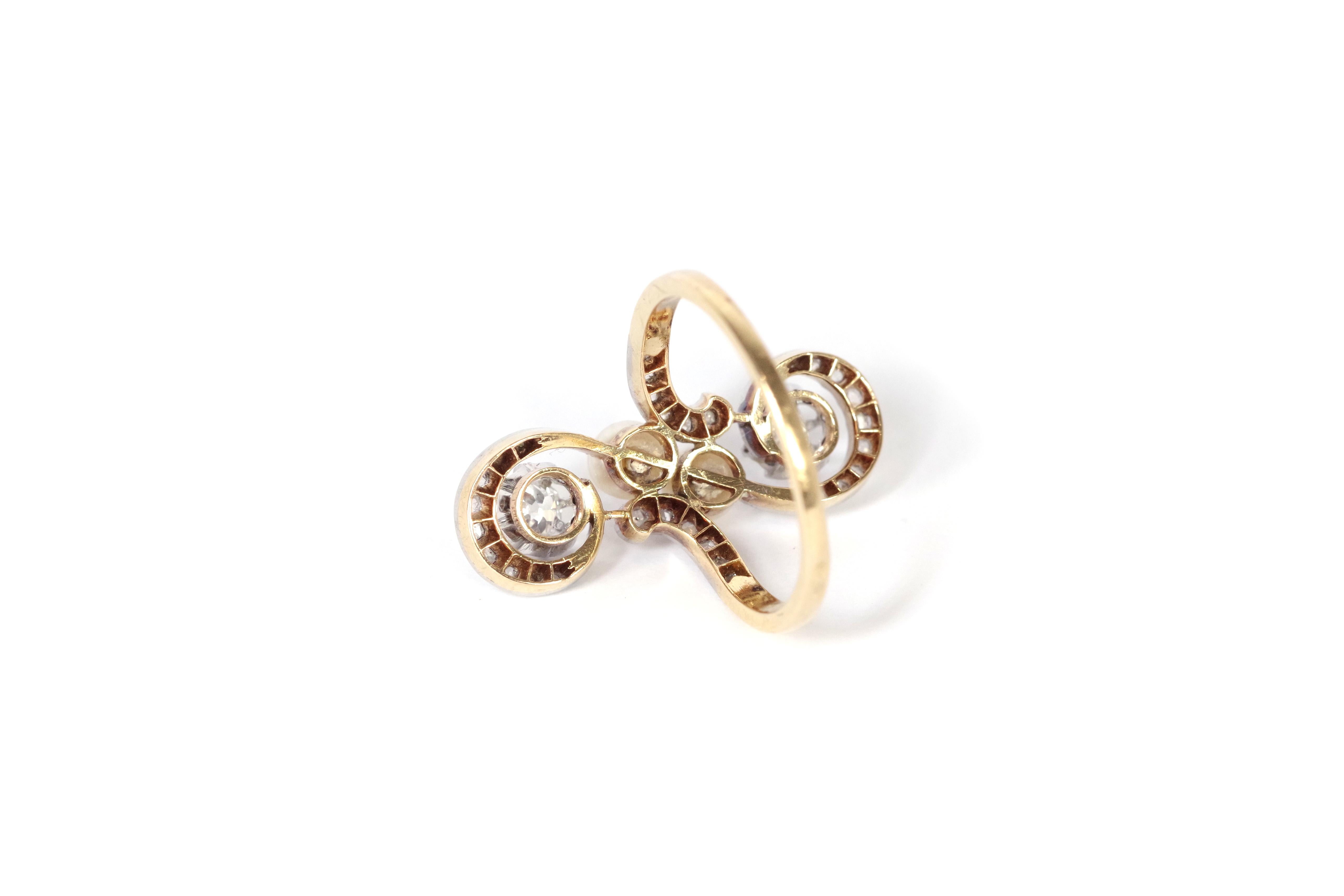 Rose Cut Edwardian pearl diamond ring in 18-karat gold and platinum 