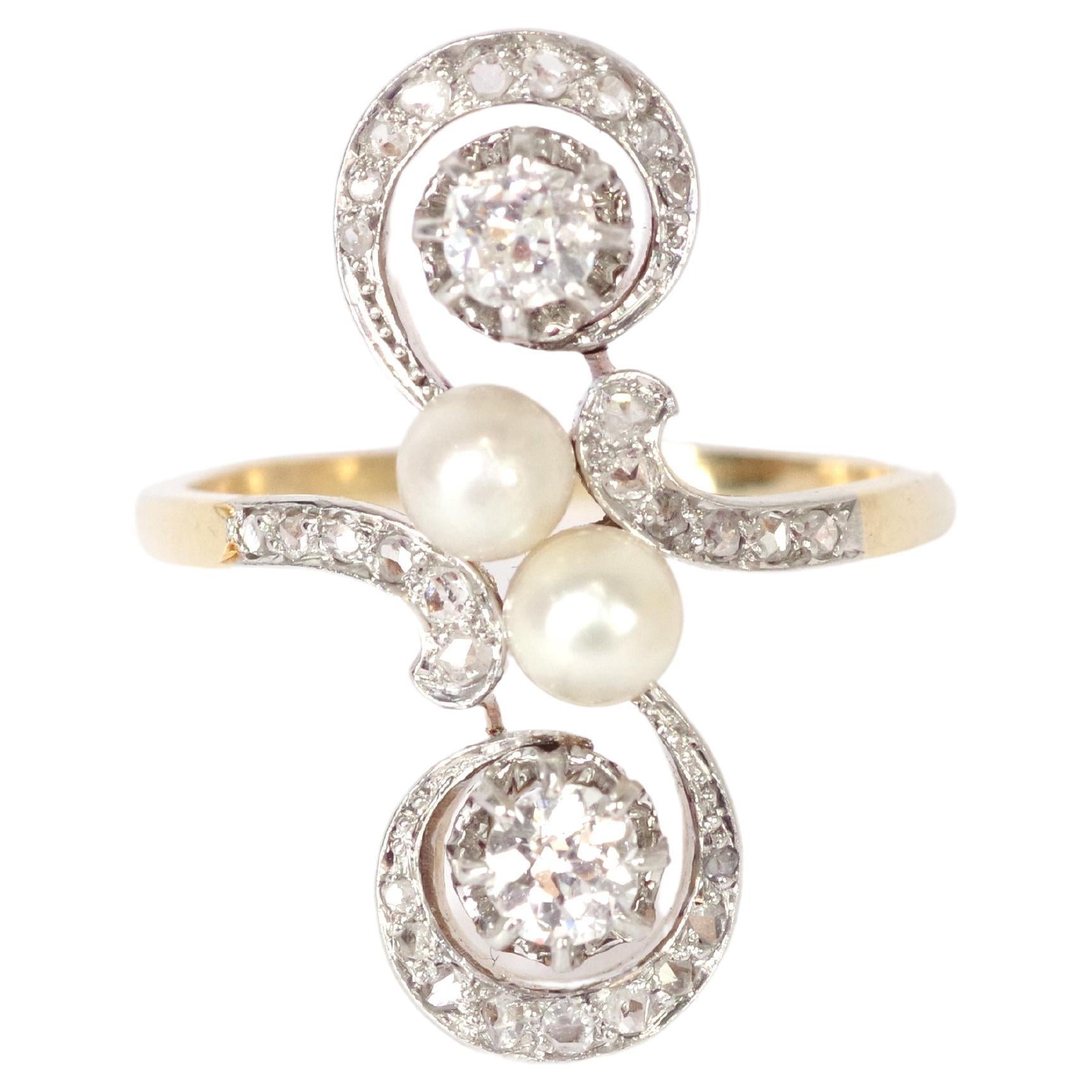 Edwardian pearl diamond ring in 18-karat gold and platinum 