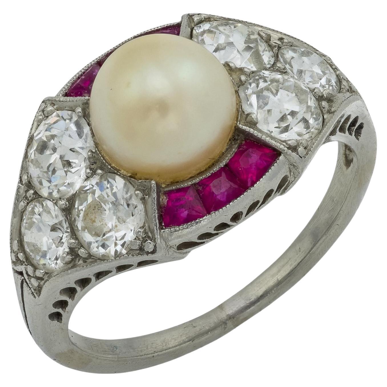 Edwardianischer Perlen-Diamant-Rubin-Cocktailring