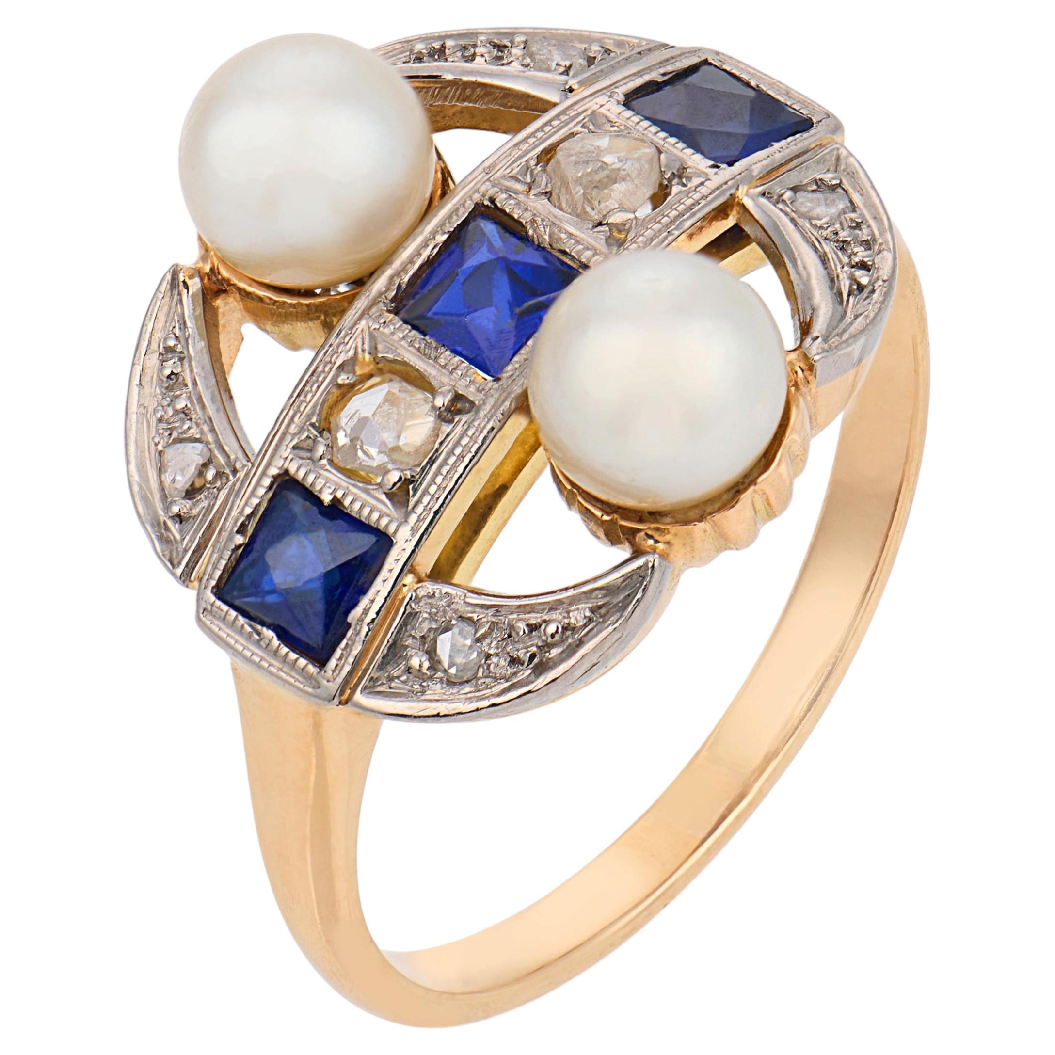 Edwardian pearl diamond sapphire two tone dinner ring