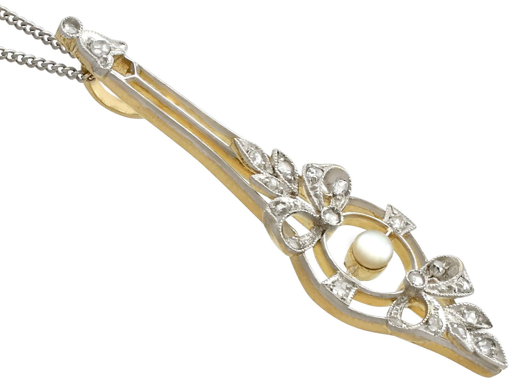 Round Cut Edwardian Pearl Diamond Yellow Gold and White Gold Set Pendant For Sale