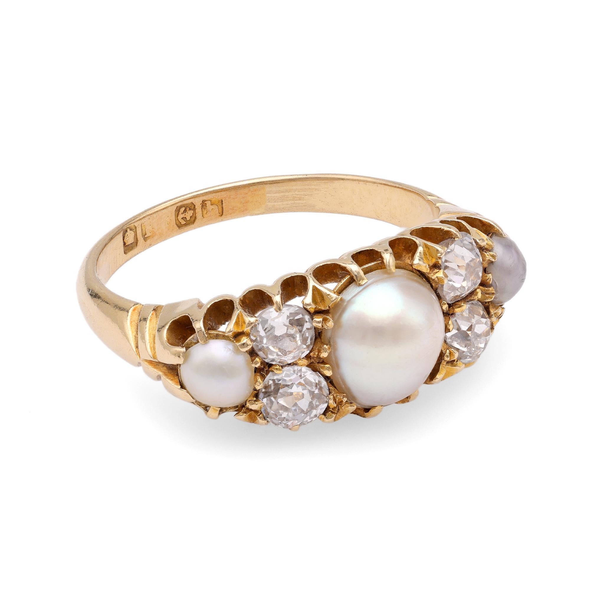Edwardianischer Perlen-Diamant-Ring aus Gelbgold (Rundschliff)