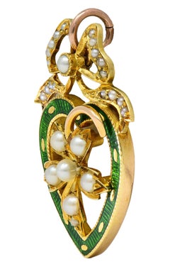 Edwardian Pearl Enamel 14 Karat Yellow Gold Antique Bow Heart Pendant