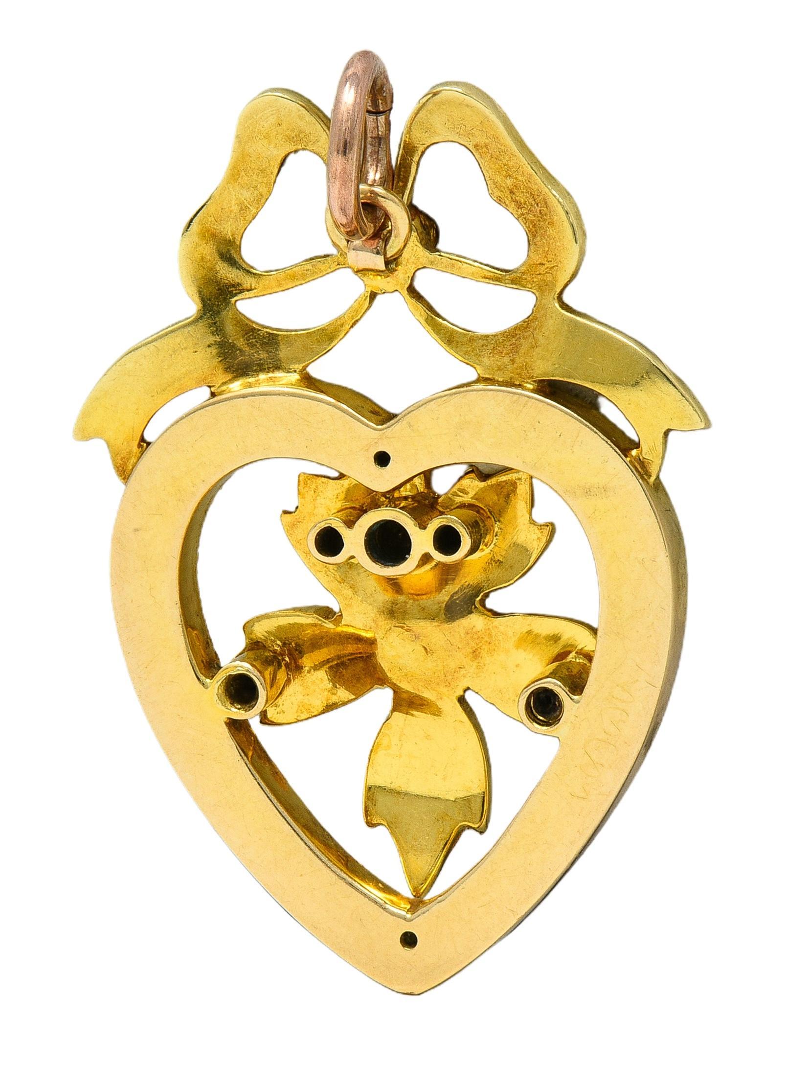 Round Cut Edwardian Pearl Enamel 14 Karat Yellow Gold Antique Bow Heart Pendant For Sale