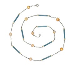 Edwardian Pearl Enamel Platinum Bar Link Station Choker Necklace