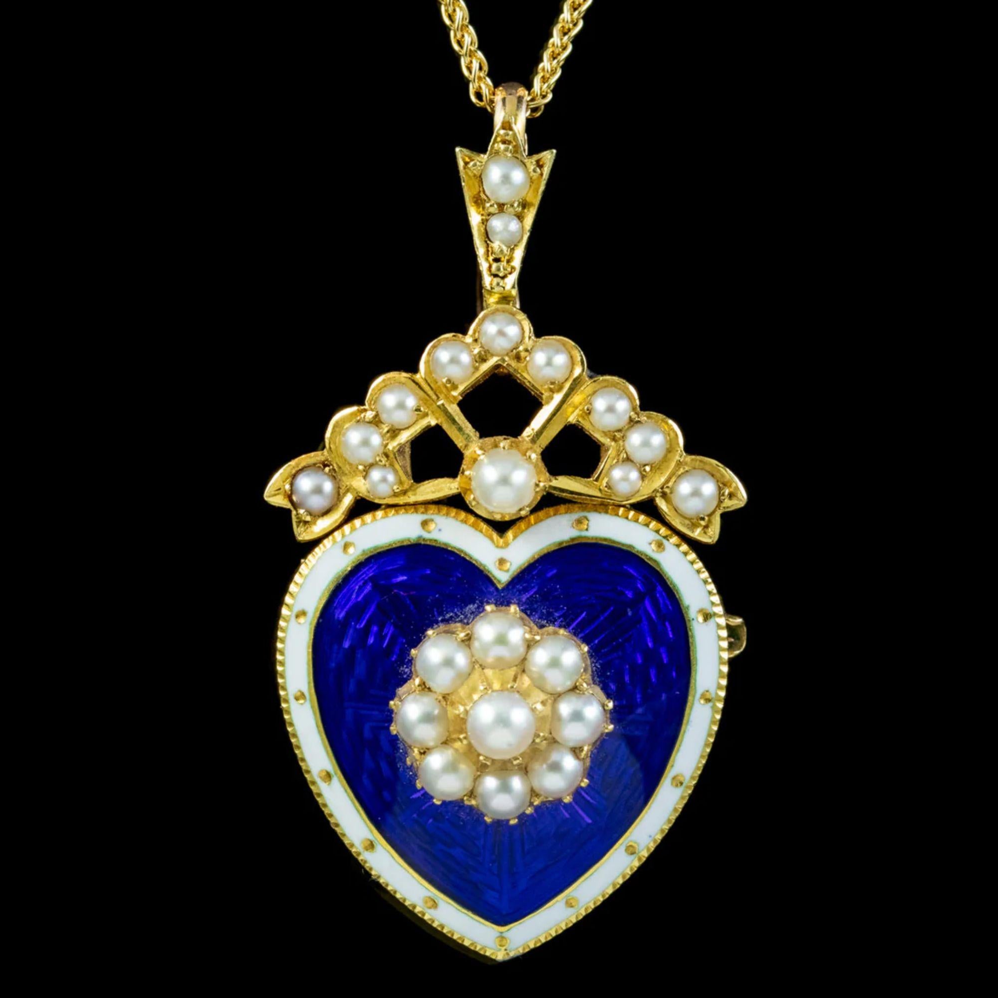 Bead Edwardian Pearl Heart Pendant Necklace in 18Ct Gold Blue Enamel, circa 1901-1910 For Sale